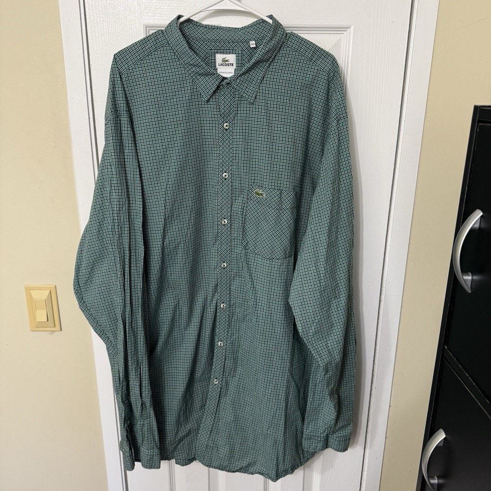 Lacoste Mens 3XLT Green White Gingham Plaid Button Up Long Sleeve Shirt
